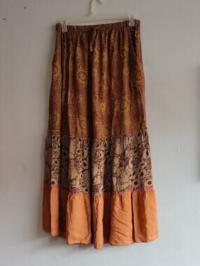 Women's medium/large Lakhays boho peasant hippie tiered maxi skirt rust/brown